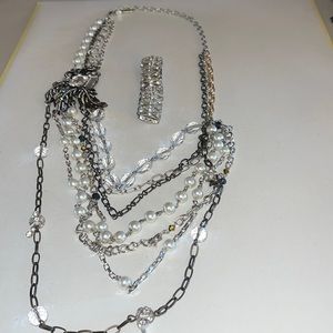 Plunder multi layered necklace w/ pearl crystal details, w/ rhinestone bracelet